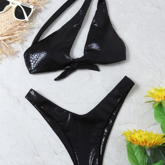 Boho Snakeskin One Shoulder Bikini Swim Black - Picture 4 of 6